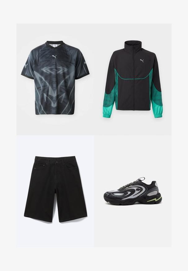 Chaqueta deportiva negra y turquesa con cremallera completa en el frente, cuello alto, puños elásticos y logo de Puma en el pecho izquierdo.; Camiseta deportiva de manga corta en negro y gris con un patrón tribal y un pequeño logotipo de Puma en blanco en el frente.; Pantalones cortos vaqueros negros hasta la rodilla con botón frontal, trabillas para cinturón y cinco bolsillos, mostrados sobre un fondo blanco.; Zapatilla Lacoste Storm 2K negra y gris con patrones ondulados, diseño con cordones y una suela gruesa con un detalle en verde claro.