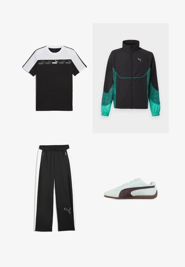 Schwarze und türkise Trainingsjacke mit durchgehendem Frontreißverschluss, hohem Kragen, elastischen Bündchen und Puma-Logo auf der linken Brust.; Schwarz-weiße kurzärmlige T-Shirt aus Baumwolle, mit einem auffälligen PUMA-Logo in der Mitte und einem strukturierten Design auf der Brust.; Schwarze Sporthose mit weißen Seitenstreifen, zwei vorderen Reißverschlusstaschen, elastischem Bund und einem Puma-Logo am unteren linken Bein.; Sneaker mit niedrigem Profil, hellgrauem Obermaterial, dunkelbraunem Seitenstreifen und passender brauner Sohle, von der Außenseite betrachtet.