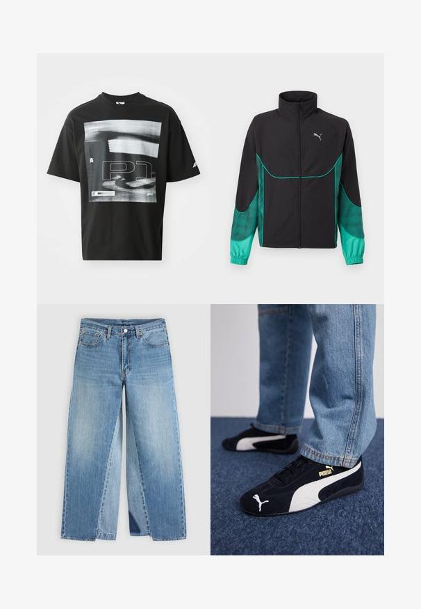 Sort og turkis løbejakke med fuld lynlås foran, høj krave, elastiske manchetter og Puma-logo på venstre bryst.; Sort bomulds T-shirt med grafisk tryk, der inkluderer tekstelementerne "FORMULA 1 RACING" og "P1." Rund hals og korte ærmer.; Straight-leg blå denimjeans med klassisk fem-lomme design og forreste knaplukning, vist fladt på en neutral baggrund.; Sorte ruskinds sneakers med hvide detaljer og et guldlogo. Båret med lyseblå denimjeans og sat på en struktureret blå overflade.