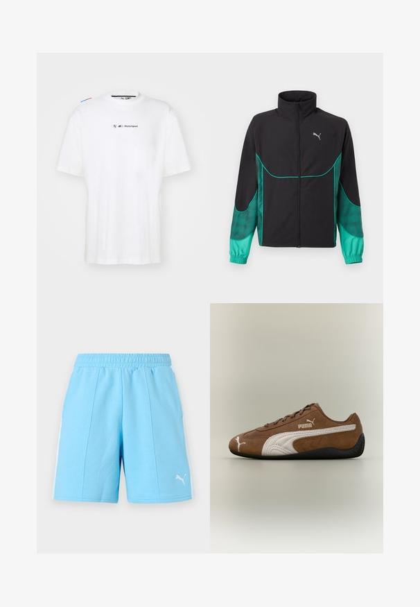 Sort og turkis løbejakke med fuld lynlås foran, høj krave, elastiske manchetter og Puma-logo på venstre bryst.; Hvid bomulds T-shirt med korte ærmer, der har et lille "BMW Motorsport" logo i sort og farvede detaljer på skuldrene.; Lyseblå atletikshorts med elastisk linning, hvide sidelommer og Puma-logo foran på højre nederste ben.; Brun ruskindsneaker med hvide accenter og tekstureret design. Har en sort gummisål og et fremtrædende Puma-logo på siden.