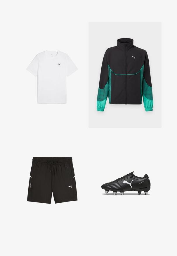 Čierno-tyrkysová športová bunda s celopredným zipsom, vysokým golierom, elastickými manžetami a logom Puma na ľavej strane hrudníka.; Biela bavlnená tričko s krátkymi rukávmi a okrúhlym výstrihom, s malým čiernym logom Puma na hornej ľavej časti hrudníka.; Čierne športové šortky s elastickým pásom a šnúrkou, bočné vrecká so zipsom, biele logo Puma na pravej nohe a text "PUMATECH" na ľavej nohe.; Čierne futbalové kopačky s textúrovaným materiálom, biele logo Puma, šnurovací systém a kovové kolíky pre trakciu. Dizajn zdôrazňuje výkon a podporu.