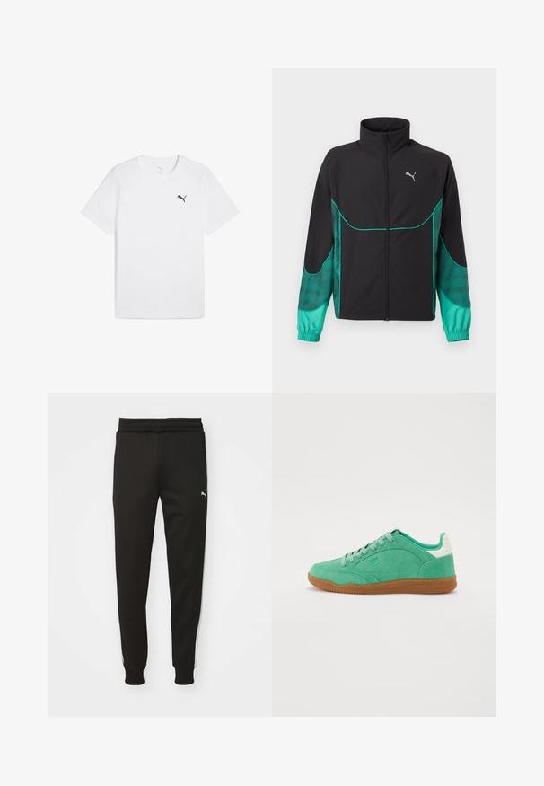 Zwart en turquoise trainingsjack met volledige ritssluiting aan de voorkant, hoge kraag, elastische manchetten en Puma-logo op de linkerborst.; Witte katoenen T-shirt met korte mouwen en een ronde hals, met een klein zwart Puma-logo op de bovenste linkerborst.; Zwarte sportbroek met een tapering fit, elastische tailleband, zijzakken en witte zijkanten. Bevat een klein logo op de linkerdij.; Groene suède sneakers met een rubberen gumzool, met een ronde neus, vetersluiting en een getextureerde accent op de hak.