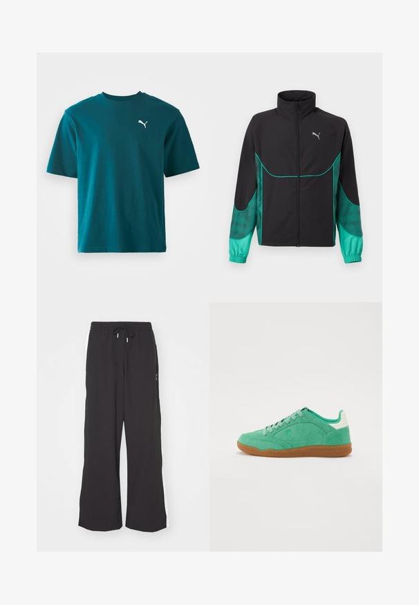 Sort og turkis løbejakke med fuld lynlås foran, høj krave, elastiske manchetter og Puma-logo på venstre bryst.; Teal bomulds t-shirt med korte ærmer, rund hals og et hvidt Puma-logo på venstre bryst; glat tekstur og regular fit.; Sorte sweatpants med vid benvidde, elastisk talje og snor. Har hvide sidestriber og to sidelommer. Glat overflade.; Grønne ruskindsneakers med gummisål, der har en rund tå, snørelukning og en struktureret detalje på hælen.