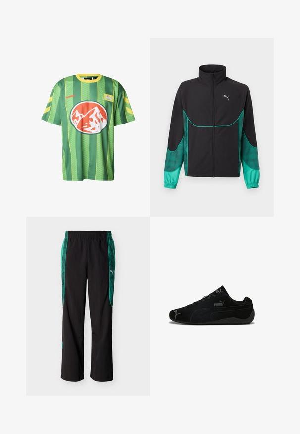 Veste de sport noire et turquoise avec fermeture éclair complète à l'avant, col haut, poignets élastiques et logo Puma sur le côté gauche de la poitrine.; Maillot à manches courtes rayé vert et jaune en tissu léger, arborant un logo rond proéminent avec un design de montagne orange et blanc.; Pantalon de sport noir avec des panneaux latéraux à motif vert et une taille élastique, arborant un logo Puma blanc sur le côté droit.; Baskets en suède noir avec un profil bas. Présentent un design texturé, une semelle en caoutchouc noir et des accents du logo Puma en argent.