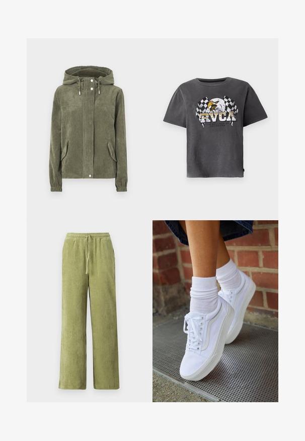 Chaqueta de pana verde con capucha, que presenta un cierre frontal completo, cordones ajustables, dos bolsillos laterales y puños acanalados.; Camiseta de algodón gris con mangas cortas que presenta un diseño gráfico de un águila y banderas a cuadros. El diseño incluye el texto "RVCA" y un eslogan debajo.; Pantalones de pana verde con un diseño de pierna ancha, cinturilla elástica y detalle de cordón. Las líneas verticales en la tela crean textura.; Zapatillas de lona blancas con suelas de goma, que presentan seis ojales, puntera redonda y detalles de costura ligera, combinadas con calcetines blancos hasta el tobillo.