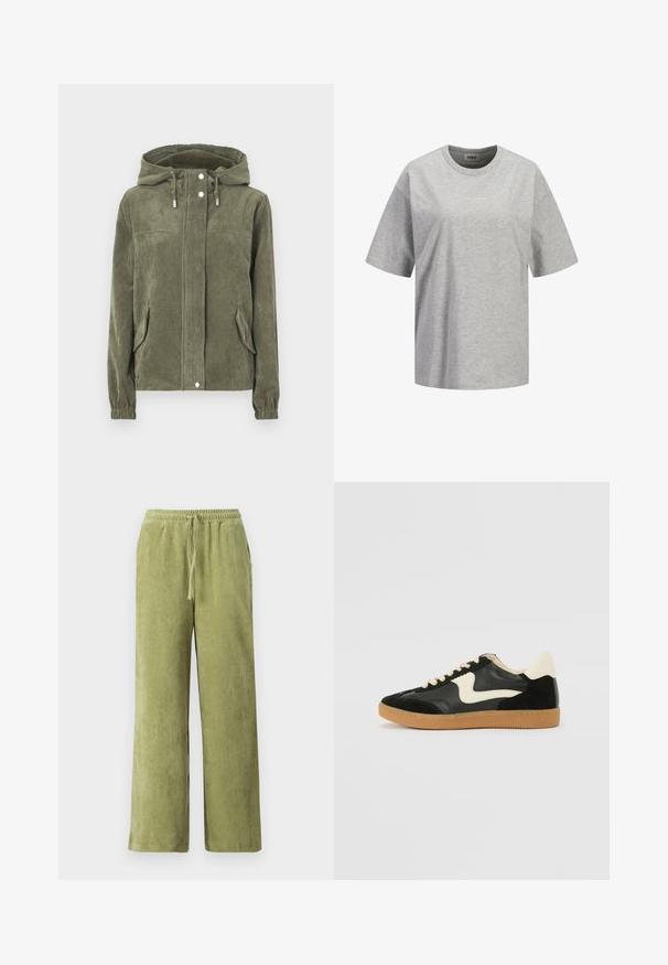 Chaqueta de pana verde con capucha, que presenta un cierre frontal completo, cordones ajustables, dos bolsillos laterales y puños acanalados.; Camiseta de manga corta y cuello redondo de color gris claro con un pequeño logo blanco "JJXX STUDIO" centrado en el pecho.; Pantalones de pana verde con un diseño de pierna ancha, cinturilla elástica y detalle de cordón. Las líneas verticales en la tela crean textura.; Zapatillas de deporte de ante y cuero negro con un swoosh lateral en crema y un talón en crema claro. Presenta cordones beige y una suela de goma marrón.