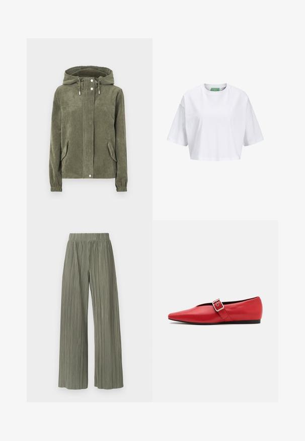 Veste en velours côtelé vert avec une capuche, dotée d'une fermeture éclair sur toute la longueur à l'avant, de cordons de serrage, de deux poches latérales et de poignets côtelés.; T-shirt blanc court en coton, avec des manches courtes et un col rond. Étiquette verte à l'intérieur avec le nom de la marque visible.; Pantalons larges plissés verts avec une taille élastique, présentant des plis verticaux et une texture douce. Le tissu a une apparence lisse et fluide.; Ballerine en cuir rouge avec une pointe pointue, comportant une lanière sur le côté avec une boucle en métal et un petit talon noir. Texture lisse sur l'ensemble.
