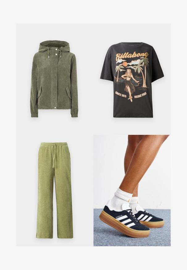 Groene corduroyjas met capuchon, voorzien van een volledige ritssluiting aan de voorkant, trekkoorden, twee zijzakken en geribde manchetten.; Zwart katoenen T-shirt met een kleurrafische weergave van een hula danseres, palmbomen en de tekst "Billabong" in dikke letters.; Groene corduroybroek met een wijde pijpdesign, elastische tailleband en aansnoerdetail. Verticale ribbels in de stof creëren textuur.; Ben met witte sokken en zwarte Adidas Gazelle sneakers met witte strepen en dikke bruine zolen op een grijs tapijt.