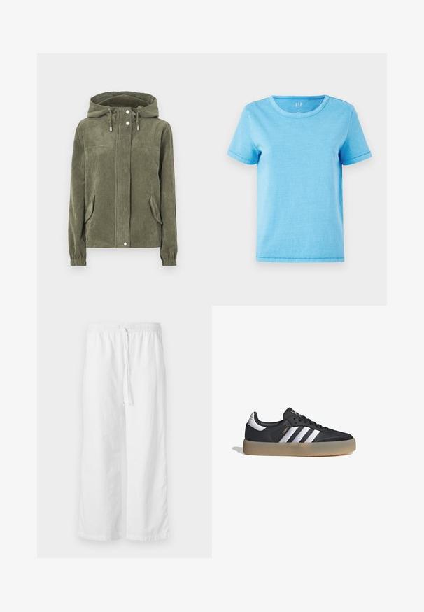 Chaqueta de pana verde con capucha, que presenta un cierre frontal completo, cordones ajustables, dos bolsillos laterales y puños acanalados.; Camiseta de algodón de color azul claro con cuello redondo, mangas cortas y detalles de costura visibles en los dobladillos. Diseño simple y sin adornos.; Pantalones anchos de textura blanca con cintura elástica y cordón ajustable. Diseño simple y minimalista, sin adornos.; Zapatilla deportiva de cuero negro con tres rayas plateadas, punta texturizada y suela de goma. Cuenta con un collar acolchado y un diseño con cordones.