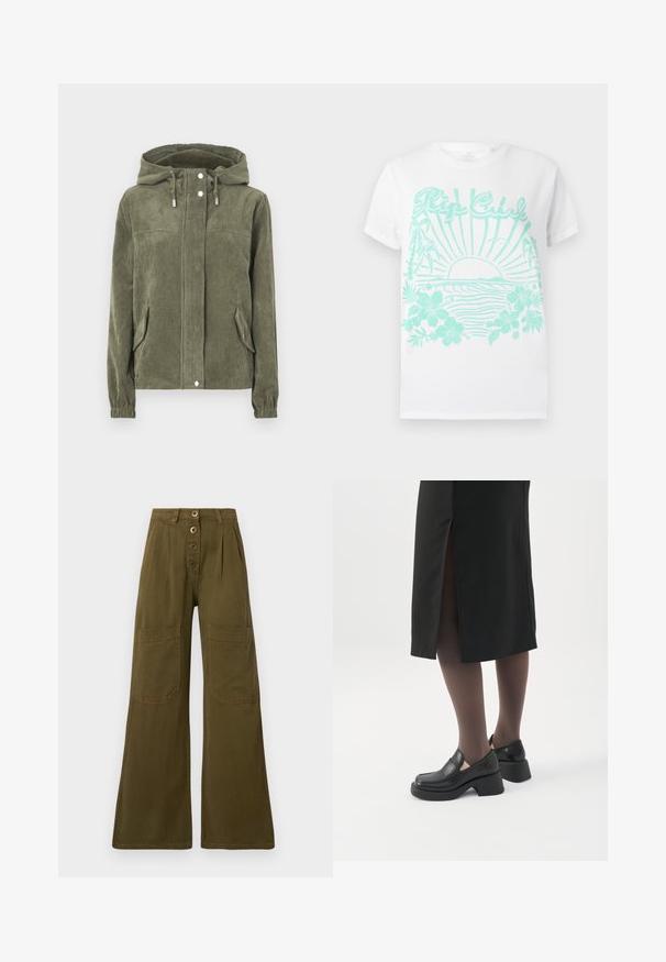 Veste en velours côtelé vert avec une capuche, dotée d'une fermeture éclair sur toute la longueur à l'avant, de cordons de serrage, de deux poches latérales et de poignets côtelés.; T-shirt blanche à manches courtes avec impression turquoise d'un soleil se couchant sur des vagues océaniques, des palmiers, des fleurs d'hibiscus et le texte "Rip Curl".; Pantalon large kaki à taille haute, fermeture avant à quatre boutons, et grandes poches plaquées rectangulaires sur les cuisses.; Femme portant des mocassins noirs à talons épais, des collants noirs transparents et une jupe noire fendue à l'arrière sur fond blanc.