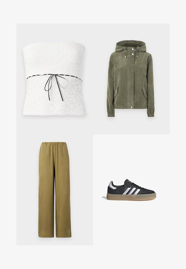 Chaqueta de pana verde con capucha, que presenta un cierre frontal completo, cordones ajustables, dos bolsillos laterales y puños acanalados.; Top sin tirantes de encaje blanco con un patrón floral y un lazo negro en la cintura, que muestra un acabado texturizado.; Pantalones de pierna ancha en caqui con cintura elástica, hechos de material de algodón suave. Presentan aberturas laterales y un corte recto, ofreciendo un ajuste relajado.; Zapatilla deportiva de cuero negro con tres rayas plateadas, punta texturizada y suela de goma. Cuenta con un collar acolchado y un diseño con cordones.