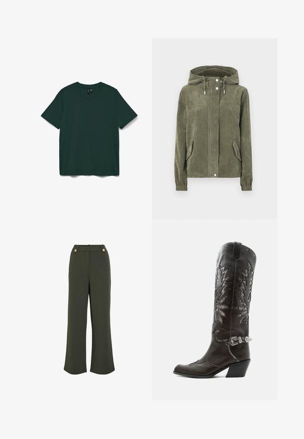 Groene corduroyjas met capuchon, voorzien van een volledige ritssluiting aan de voorkant, trekkoorden, twee zijzakken en geribde manchetten.; Donkergroene t-shirt met korte mouwen, gemaakt van zachte stof. Heeft een ronde halslijn en een eenvoudig, recht gesneden ontwerp. Geen patronen of versieringen.; Olijfgroene wijde broek met een gladde textuur, voorzien van twee goudkleurige knopen bij de taille en een strakke, op maat gemaakte silhoët.; Zwarte leren cowboylaars met decoratieve uitsnijdingen, zilveren gesp en schuine hak, weergegeven op een witte achtergrond.