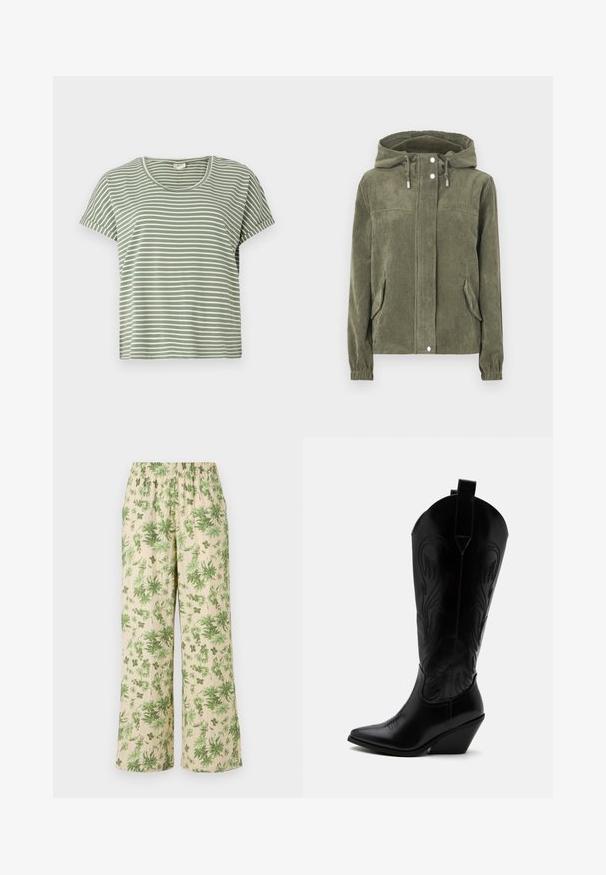 Chaqueta de pana verde con capucha, que presenta un cierre frontal completo, cordones ajustables, dos bolsillos laterales y puños acanalados.; Camiseta de rayas verdes, de manga corta, con escote redondeado, hecha de tela suave. Presenta rayas alternas en blanco y verde.; Pantalones de pierna ancha con estampado floral y cintura elástica; presentan hojas verdes sobre un fondo beige y un acabado de tela texturizada.; Bota de vaquero de cuero negro con punta puntiaguda, tacón bloqueado inclinado, costuras decorativas y lengüetas en la parte superior sobre fondo blanco.