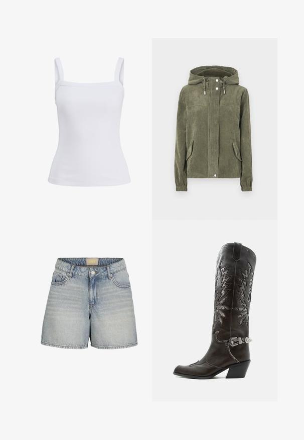 Chaqueta de pana verde con capucha, que presenta un cierre frontal completo, cordones ajustables, dos bolsillos laterales y puños acanalados.; Camiseta sin mangas blanca con textura acanalada, tirantes anchos y escote recto, mostrada sobre un fondo liso.; Shorts de mezclilla azul claro con una cintura alta, que cuentan con un cierre de botón, cinco bolsillos y un ligero desgaste para un aspecto texturizado.; Bota cowboy de cuero negro con recortes decorativos, hebilla plateada y tacón inclinado, presentada sobre fondo blanco.