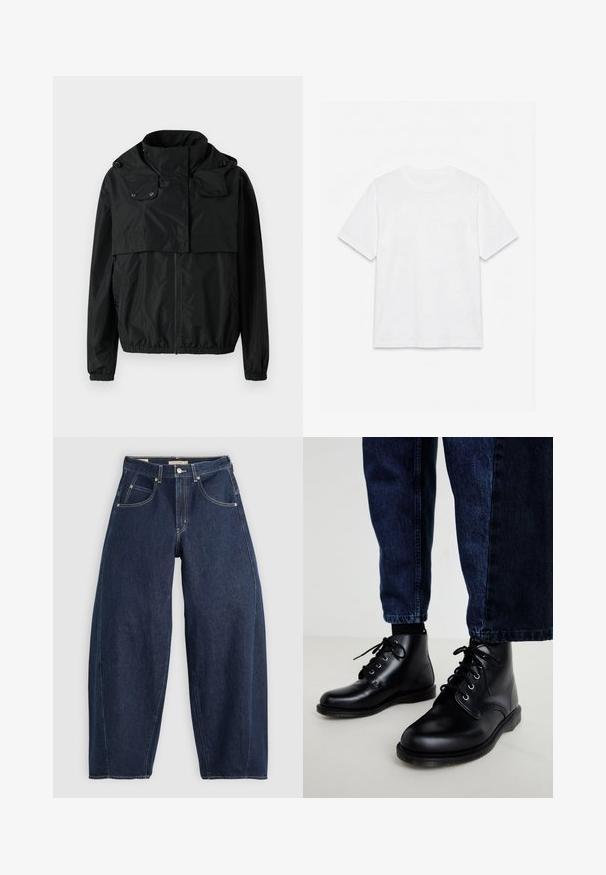 Zwarte windbreakerjack met hoge kraag, ritssluiting aan de voorkant, elastische manchetten en een cropped ontwerp. Soepele, lichte stof zonder patronen.; Effend wit T-shirt met korte mouwen en ronde hals, plat gelegd op een witte achtergrond.; Donkerblauwe denim jeans met een losse fit, lichte stiksels, vijf zakken en een knoopsluiting op de taille.; Zwarte leren enkellaarzen met ronde neuzen, een vetersluiting, zilveren veteroogjes en getextureerde zolen, gecombineerd met donkerblauwe spijkerbroeken.