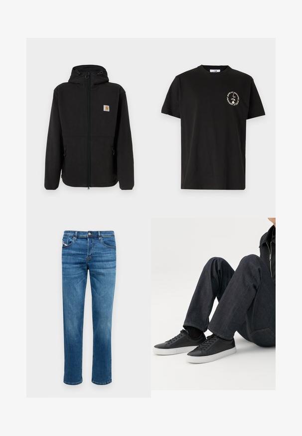 Chaqueta de forro polar negra con cremallera frontal, capucha ajustable, bolsillos laterales y un pequeño parche con el logo en el lado izquierdo del pecho. Textura suave.; Vertere Berlin PRODUCT UNISEX - Camiseta estampada - black; Vaqueros de mezclilla azul con corte recto, cinco bolsillos y cierre de botón. Presenta un sutil pespunte en contraste y una textura suave.; Persona sentada con las piernas dobladas, vistiendo vaqueros azul oscuro y zapatillas bajas negras con suelas blancas sobre un fondo blanco.