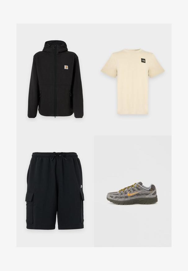 Schwarze Fleecejacke mit Reißverschluss vorne, verstellbarem Kapuzenkragen, Seitentaschen und einem kleinen Logopatch auf der linken Brust. Weicher Stoff.; Beige T-Shirt mit kurzen Ärmeln aus Baumwolle, mit einem kleinen schwarzen quadratischen Logo auf der oberen linken Brustseite. Einfacher Rundhalsausschnitt.; Schwarze Baumwoll-Cargoshorts mit elastischem Bund und Kordelzug, ausgestattet mit zwei Seitentaschen und einem kleinen Logoakzent.; Grauer Wildleder-Sneaker mit goldenen Akzenten, strukturierten Einsätzen und passenden Schnürsenkeln. Verfügt über eine gepolsterte Sohle und ein Logodetail an der Seite.