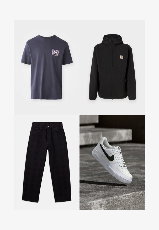 Sort fleecejakke med lynlås, justerbar hætte, sidelommer og et lille logo-patch på venstre bryst. Blød tekstur.; Marineblå bomulds t-shirt med rund hals og korte ærmer. Har et geometrisk grafisk print i lilla og hvid på venstre bryst.; Sorte denimjeans med afslappet pasform, der har knaplukning, fem-lomme-design og et subtilt teksturmønster på tværs af stoffet.; Hvid Nike Air Force 1-sneaker med sort swoosh, snørebånd bundet, placeret i luften over tekstureret betonoverflade udendørs.