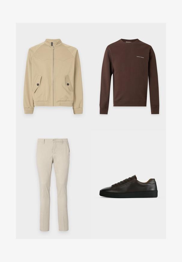 Beige zip-jakke med høj krave, to skrå lommer, knaplukninger og ribbede manchetter, lavet af et glat, let stof.; Brun langærmet crewneck sweatshirt med lille hvid "Tiger of Sweden" tekst på venstre bryst, ribbet manchetter og kant.; Beige chinos med lige pasform, der har sidelommer og en glat stofstruktur. Ingen synlige mønstre eller hardwaredetaljer.; Lavprofil mørkebrune lædersneaker med sort gummisål, snørelukning foran og glat minimalistisk design på lys baggrund.