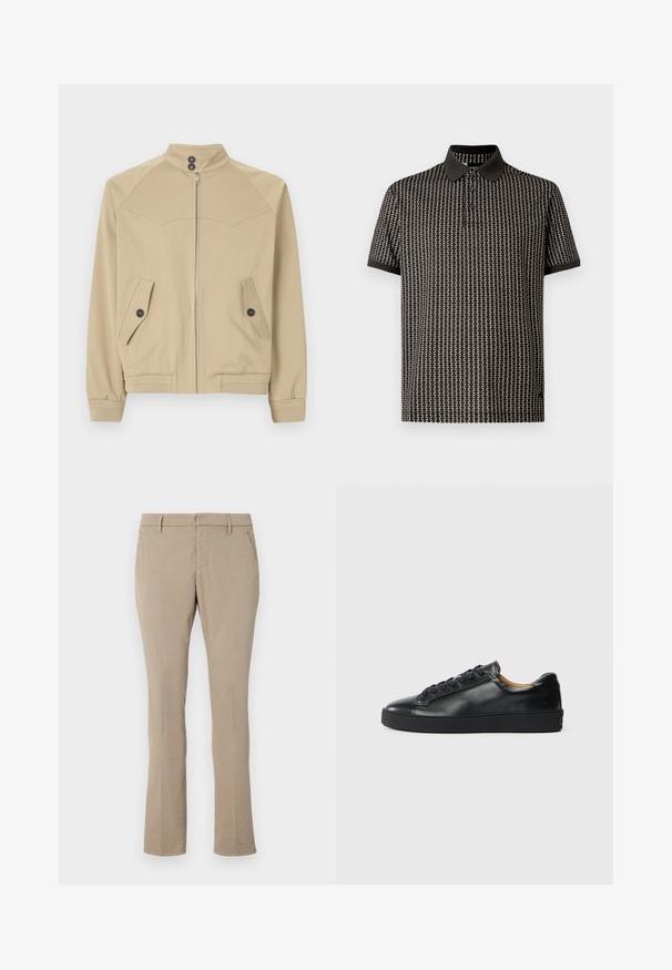 Veste beige zippée avec un col haut, deux poches angulaires, des fermetures à bouton et des poignets côtelés, fabriquée dans un tissu lisse et léger.; Polo noir avec un motif texturé de zigzags blancs, manches courtes et col noir, doté de trois boutons au niveau du col.; Pantalons beige en mélange de coton, présentant une coupe slim, une jambe droite, des poches avant et une fermeture éclair avec bouton.; Baskets en cuir noir avec une texture lisse, bout rond et fermeture à lacets. Comprend une semelle en caoutchouc épaisse et un minimum de détails de marque.