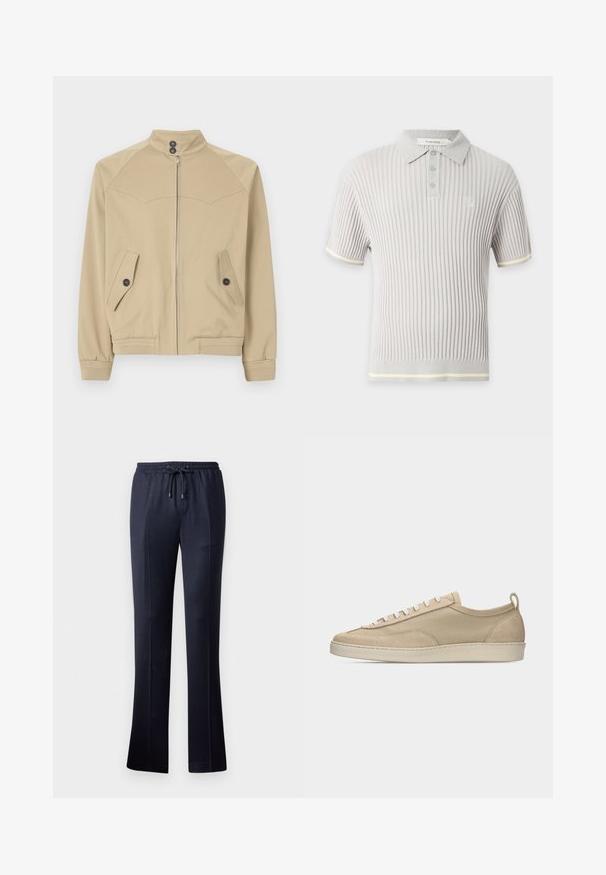 Veste beige zippée avec un col haut, deux poches angulaires, des fermetures à bouton et des poignets côtelés, fabriquée dans un tissu lisse et léger.; Polo gris clair côtelé à manches courtes avec trois boutons, col texturé et logo discret sur la poitrine.; Pantalons larges marine en tissu doux avec une taille élastique et un cordon de serrage. Présentent une texture lisse et sans motifs visibles.; Baskets beige basses avec tige en tissu et daim, lacets blancs, semelle en caoutchouc et languette à l'arrière, présentées en profil latéral sur fond blanc.