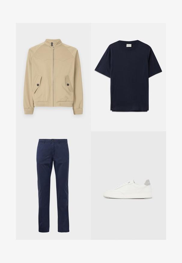 Beige zip-jakke med høj krave, to skrå lommer, knaplukninger og ribbede manchetter, lavet af et glat, let stof.; Mørkeblå bomulds T-shirt med korte ærmer, rund halsudskæring og en afslappet pasform. Etiketten siger "CLOSED" ved halsudskæringen. Glat tekstur.; Marineblå lige bukser med knap- og lynlåslukning, bæltestropper og sidelommer, præsenteret på en hvid baggrund.; Hvid lavtop-sneaker med gråt hælflig, hvide snørebånd og tekstureret sål, vist på en ensfarvet lys baggrund.