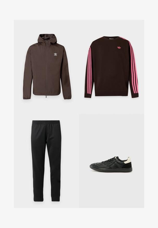 Pruun kapuutsiga jope, valmistatud kerge raskusega materjalist. Omab täielikku lukku ja valget Adidas logo vasakul rinnal. Pehme tekstuur.; Tumepruun pikkade varrukatega dressipluus roosade triipudega varruka peal ja väikese roosa Adidas logo vasakul rinnal.; Mustad mustad spordipüksid, mis on valmistatud siledast kangast, elastse vöökohtaga, kitsenevate jalgadega ja ribaga pahkluude juures.; ALDO THEPITCH - Tossud - black