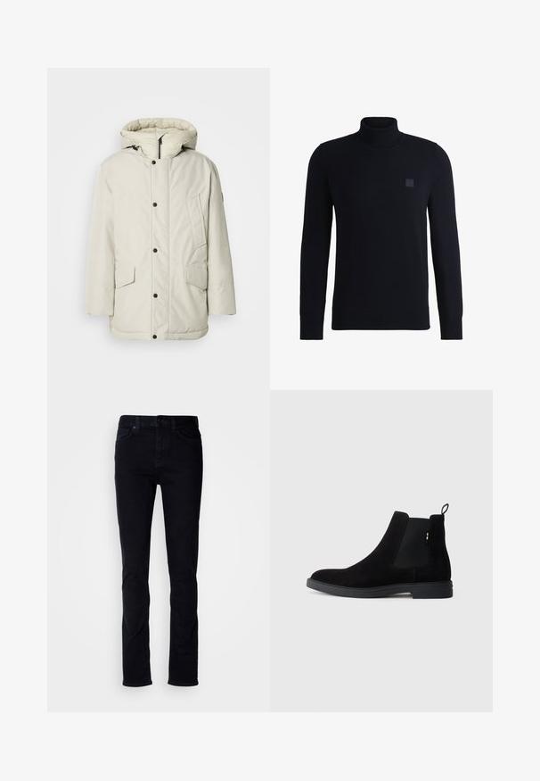 Licht beige geïsoleerde parka met een capuchon, voorzien van een ritssluiting aan de voorkant, drukknoopsluiting en twee voorkruiszakken met klep. Gladde stoftextuur.; Marineblauwe coltrui van zacht breimateriaal, met lange mouwen en een geribde kraag. Bevat een vierkante logopatch op de borst.; Zwarte denim jeans met een slim fit, vijf-zakken ontwerp, zichtbare stiksels en een knoopsluiting. Gladde textuur zonder extra patronen.; Zwarte suède Chelsea laarzen met elastische zijpanelen, ronde neus en een lage rubberen zool. Beschikt over een trekband aan de achterkant voor eenvoudig aan- en uittrekken.