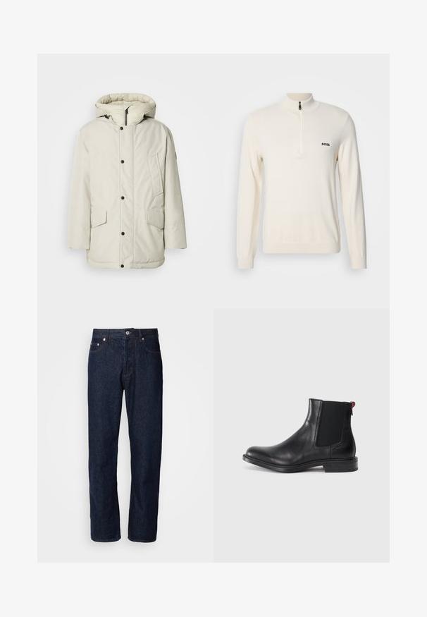 Lys beige, isoleret parka med hætte, der har en lynlåslukning foran, knaplukninger og to forlommer med klaplukninger. Glat stoftekstur.; Lys beige strikket pullover med høj krave og halv lynlås, der har et lille sort logo på venstre bryst og ribbede manchetter.; Mørkeblå denimjeans med lige ben, der har fem lommer, knaplukning og diskrete syninger.; Sort læder Chelsea-støvle med elastiske sidepaneler, afrundet tå og lav, stablet hæl. Har en rød løftestrop og subtil branding på siden.