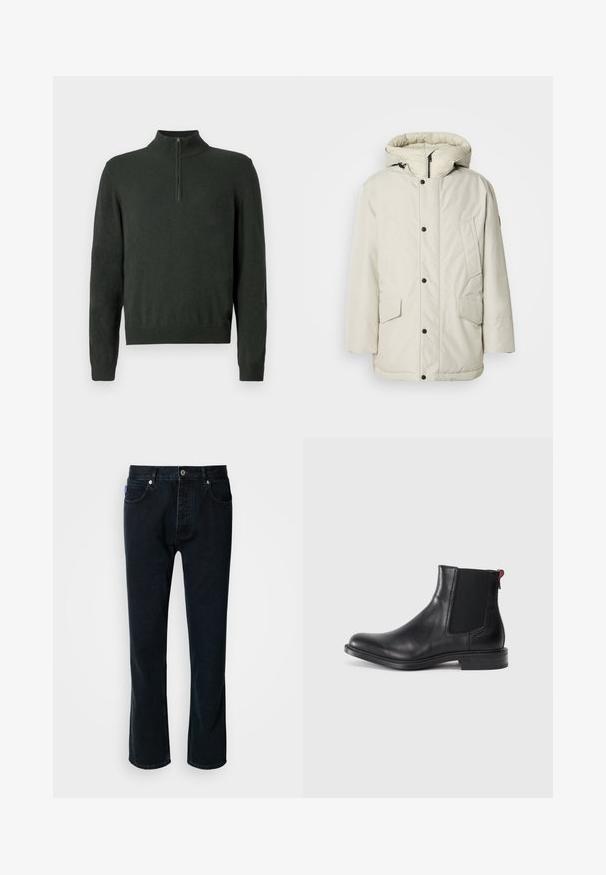 Lys beige, isoleret parka med hætte, der har en lynlåslukning foran, knaplukninger og to forlommer med klaplukninger. Glat stoftekstur.; Mørkegrøn langærmet sweater med halv lynlås krave og ribbede manchetter samt kant på en ensfarvet baggrund.; HUGO JONAH - Jeans Straight Leg - dark blue; Sort læder Chelsea-støvle med elastiske sidepaneler, afrundet tå og lav, stablet hæl. Har en rød løftestrop og subtil branding på siden.
