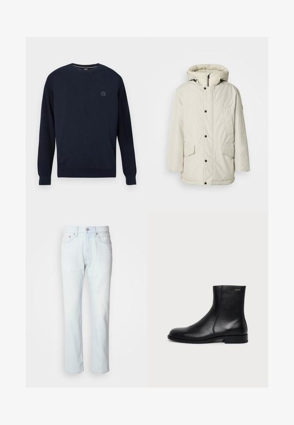 Parka aislante de color beige claro con capucha, que presenta un cierre frontal con cremallera, botones de presión y dos bolsillos frontales con solapas. Textura de tela suave.; Suéter de cuello redondo azul marino hecho de tela de punto, con puños y dobladillo acanalados. Un logo circular está situado en el pecho.; Jeans de mezclilla azul claro con corte recto. Cuentan con un cierre de botón y pasadores para cinturón, mostrando una textura desgastada y costuras mínimas.; Botín negro de cuero con tacón bajo, costura lateral y pequeño logo "HUGO" en el puño superior sobre un fondo liso.
