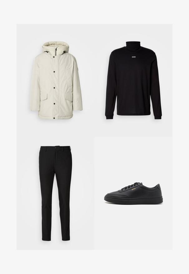 Parka aislante de color beige claro con capucha, que presenta un cierre frontal con cremallera, botones de presión y dos bolsillos frontales con solapas. Textura de tela suave.; Camisa de cuello alto negra de manga larga hecha de un tejido suave, con el logo blanco "HUGO" en el pecho, con puños y dobladillo ajustados.; Pantalones negros de corte ajustado, con cierre de botón, cremallera y dos bolsillos frontales. Tejido suave con un acabado mate.; Zapatillas de cuero negro con una textura suave, punta redondeada, suela plana de goma y cordones a tono. Presentan el logotipo dorado "BOSS" en el lateral.