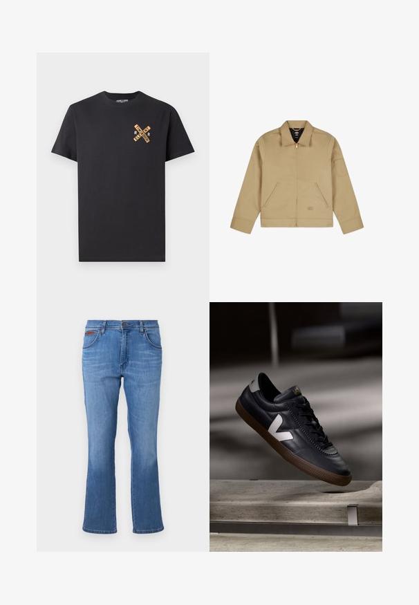 Beige, leichte Jacke mit Kragen, Reißverschluss vorne, zwei seitlichen Taschen und einem Aufnäher am linken Ärmel. Glattes, strapazierfähiges Material mit einer strukturierten Gestaltung.; Schwarzes Baumwoll-T-Shirt mit einem grafischen Design in Orange, das die Worte "ELEMENT" und "REMEMBER" in einem Kreuzmuster auf der Brust zeigt.; Helle blaue Denim-Jeans mit geradem Bein-Design, ausgestattet mit einem Reißverschluss und Knopfverschluss, zwei Fronttaschen und einem gestickten Logo-Patch.; Schwarze Leder-Sneaker mit weißem V-Logo, Schnürung vorne, durchbrochene Details und brauner Gummisohle; schlankes Design mit minimalen Akzenten.