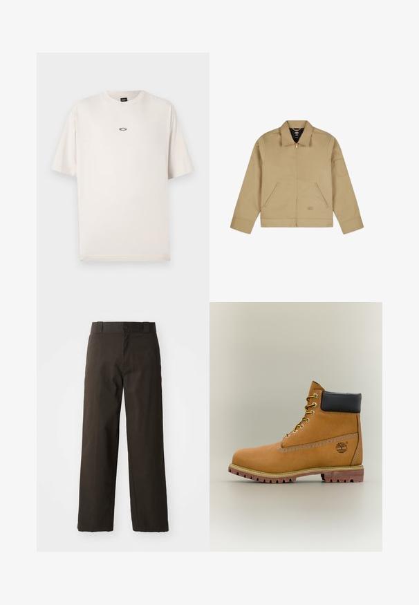 Beige let jakke med krave, lynlåslukning fortil, to sidelommer og et mærke på venstre arm. Glat, slidstærkt stof med en struktureret design.; Oakley RISE TEE - T-shirts basic - mist; Sorte bomuldsbukser med et lige ben-design, der har en knaplukning og et klassisk taljehåndter. Glat tekstur, ingen mønstre eller accenter.; Brun læderankelstøvle med sort krave, gule snørebånd og tanfarvet sål. Har logo og hvide syninger som detalje. Robust ydersål med greb.
