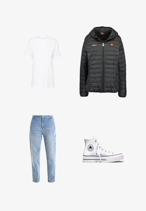 Veste noire matelassée avec capuche, dotée d'une fermeture éclair à l'avant, de deux poches latérales et de logos sur le côté gauche de la poitrine et en haut à droite. Motif matelassé texturé.; T-shirt blanc uni à manches courtes et col rond, présenté de face sur fond blanc sans motifs ni logos visibles.; Jean en denim bleu clair avec taille haute, jambe fuselée, cinq poches et fermeture à bouton en métal classique. Texture légèrement délavée sur l'ensemble.; Baskets blanches montantes Converse Chuck Taylor All Star avec des rayures noires et un patch logo sur le côté, présentées sur un fond blanc uni.