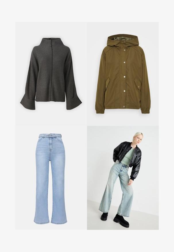 Olive roheline kerge jakk kapuutsiga, nööbikinnistus, kaks küljetaskut ja soonikkoes varrukad. Siledast, veekindlast kangast.; VILA VIVIGGA CONTRAST - Džemper - dark grey/black; Even&Odd Tall Alt laienevad teksad - light blue wash; Must musta bomber jacket, heled rohelise sobiva pluusi, helesinised laiad teksapüksid ja paksud mustad platvormi saapad. Siledad tekstuurid ja kontrastsed värvid.