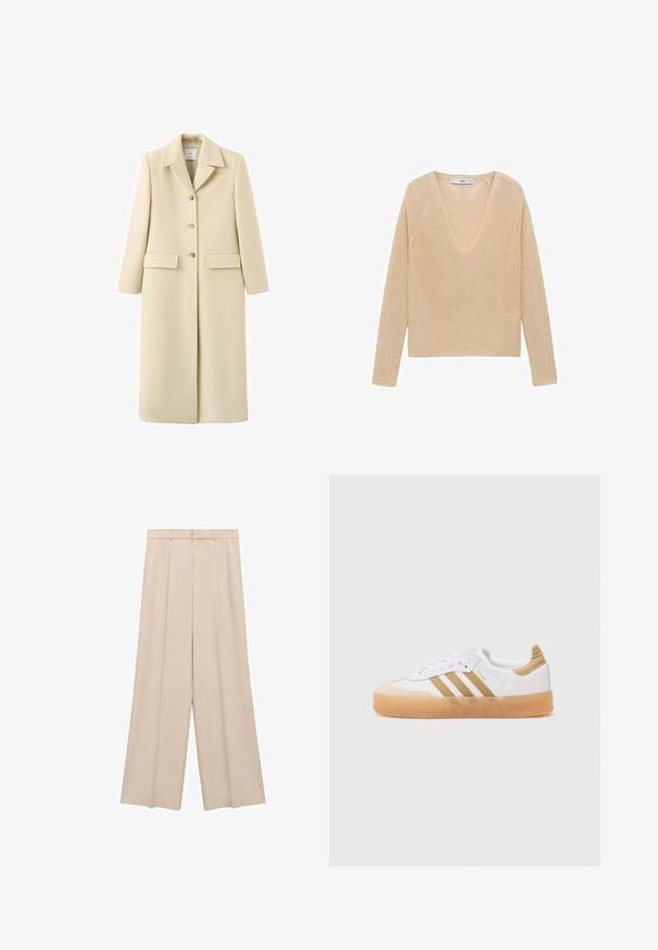 Dlhý béžový vlnený kabát s klopovým golierom, tromi gombíkmi na prednej strane a dvoma klopovými vreckami v úrovni bokov.; Svetlo béžový pletený sveter s výstrihom do V, dlhými rukávmi a uvoľneným strihom. Textúrovaná látka s jemným leskom a raglánovými švami.; Béžové nohavice s širokými nohavicami, s prednými záhybmi, plochým pásom a textúrovanou tkaninou, s prispôsobeným strihom a dĺžkou po členky.; Biele tenisky s béžovými akcentmi, obsahujúce tri pruhy, zaoblenú špičku a priesvitnú gumenú podrážku. Hladká koža a textilné materiály.