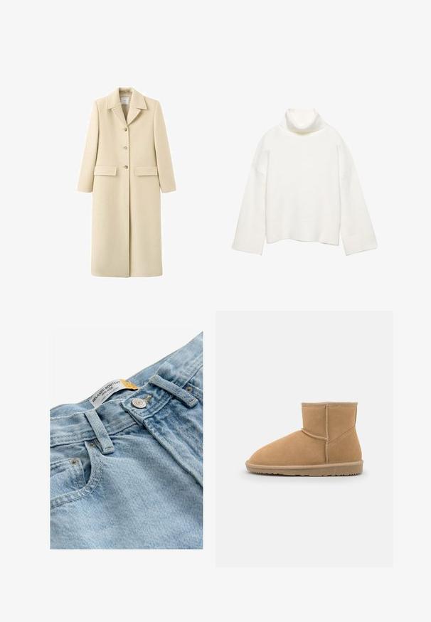 Lang beige uldfrakke med reverskrave, tre knapper foran og to lommer med klap i hofteniveau.; Hvid rullekrave sweater lavet af blødt stof, med en afslappet pasform, sænkede skuldre og brede ribstrikkede manchetter og kant.; Next Jeans Bootcut - bleach; Brun ruskinds ankelstøvle med rund tå og polstret krave, der har kontrastsyninger og en tekstureret gummisål.