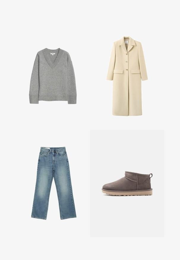 Lang beige uldfrakke med reverskrave, tre knapper foran og to lommer med klap i hofteniveau.; Grå ribbet sweater med V-hals, lange ærmer og lige kant. Lavet af blødt materiale, med subtile teksturer og detaljer.; Lyseblå cowboybukser med høj talje, lige vide ben, frontknap, lynlåslukning og design med fem lommer.; Lav brun ruskindssko med lav ankelhøjde, slidstærk sål og træksnor på en ensartet baggrund.