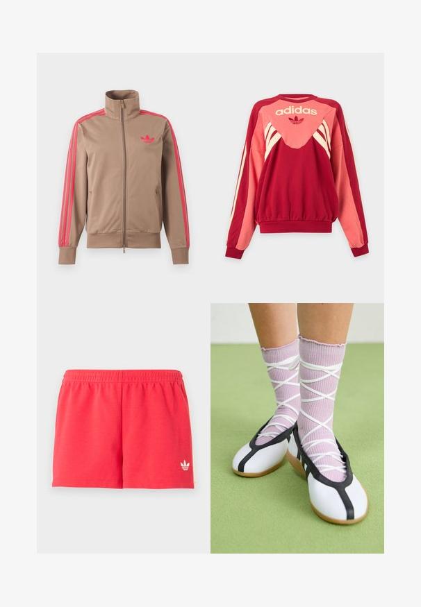 Veste de survêtement marron clair zippée avec col montant, bandes roses sur les manches et logo Adidas rose sur le côté gauche de la poitrine.; Sweat-shirt Adidas rouge et rose à manches longues, rayures crème, logo et symbole trèfle sur le devant sur un fond clair.; Shorts de sport rouges avec ceinture élastique et petit logo Adidas blanc sur la partie inférieure gauche de la jambe, sur un fond uni.; Jambes portant des chaussettes lavande côtelées avec des brides blanches croisées, associées à des ballerines blanches avec un bord noir sur un sol vert.