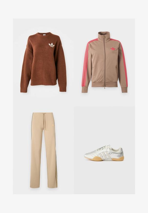 Svetlohnedá športová bunda na zips s vysokým golierom, ružové pruhy na rukávoch a ružové logo Adidas na ľavej strane hrude.; Hnedá pletená mikina s okrúhlym výstrihom, spustenými ramenami, rebrovanými manžetami a vyšitým bielym logom na ľavej strane hrudníka.; Béžové tepláky s čiernymi bočnými pruhmi a žltými akcentmi. Majú nastaviteľný pás na šnúrku a nenápadné logo na ľavej hornej strane.; Strieborná športová obuv s hladkým koženým zvrškom, gumovou podrážkou a textúrovanými detailmi. Má zakrivený dizajn a šnúrky v rovnakom odtieni.