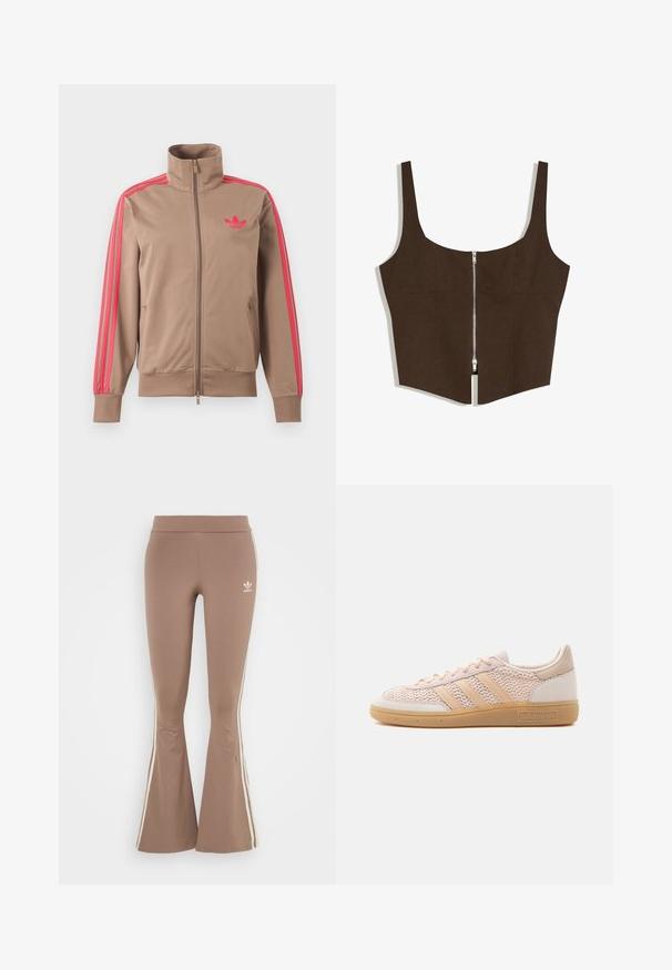 Svetlohnedá športová bunda na zips s vysokým golierom, ružové pruhy na rukávoch a ružové logo Adidas na ľavej strane hrude.; Hnedý skrátený top s širokými ramienkami a strieborným predným zipsom vedúcim od výstrihu až po lem.; Hnedé balónové legíny vyrobené z elastického materiálu, s bielymi bočnými pruhmi a malým bielym logom na ľavom stehne. Hladká textúra.; Nízkoprofilová béžová teniska Adidas s tkaným textilným zvrškom, podošvou z gumy a tromi charakteristickými pruhmi na boku.