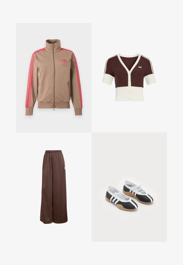 Chaqueta deportiva marrón claro con cremallera y cuello alto, rayas rosas por las mangas y logo rosa de Adidas en el pecho izquierdo.; Cárdigan de manga corta con una parte superior marrón y una sección inferior crema, que presenta un cuello en V, cierre con botones y un diseño sutil de tres rayas.; adidas Originals Pantalones deportivos - auburn cream white; Zapatillas deportivas en blanco y negro con un diseño elegante, suela de goma, cierre de cordones y tres franjas blancas en los lados.