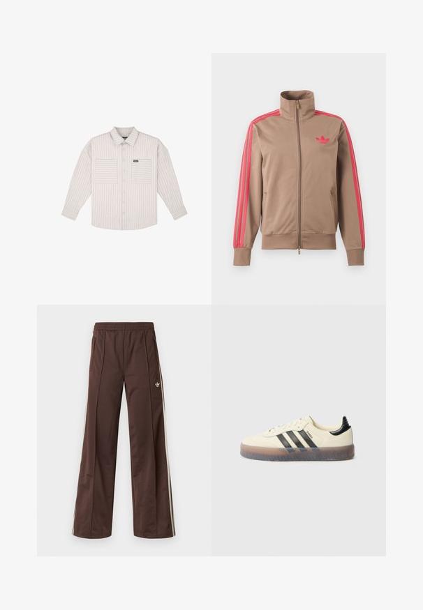 Veste de survêtement marron clair zippée avec col montant, bandes roses sur les manches et logo Adidas rose sur le côté gauche de la poitrine.; Chemise boutonnée à manches longues de couleur gris clair avec des rayures verticales. Équipée de poches poitrine et d'un col classique. Tissu doux avec une coupe décontractée.; Pantalon de sport marron à jambes larges, avec des bandes blanches sur les côtés, une taille élastique et deux poches latérales. Présente un petit logo sur la jambe.; Baskets beiges avec trois bandes noires, bout rond, semelle en caoutchouc texturée et dessus lisse. Caractérisées par un talon rembourré et un marquage minimal.