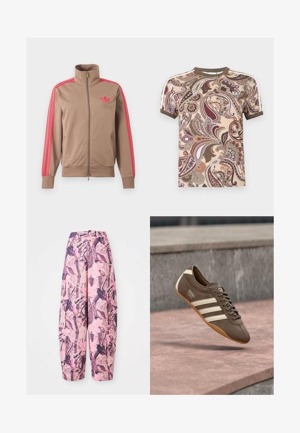 Lysebrun trackjakke med lynlås og høj krave, lyserøde striber ned ad ærmerne og lyserødt Adidas-logo på venstre bryst.; Kortærmet t-shirt med kant i olivengrøn, prydet med et indviklet paisleymønster i beige, brun og bordeaux nuancer.; Lyserøde og lilla mønstrede vide bukser har et blad- og grenmønster, med høj talje og sidelommer for ekstra funktionalitet.; Brun ruskindssneaker med hvide striber og branding, med rund tå og ydersål af gummibelagt gummi, hængende over en struktureret overflade.