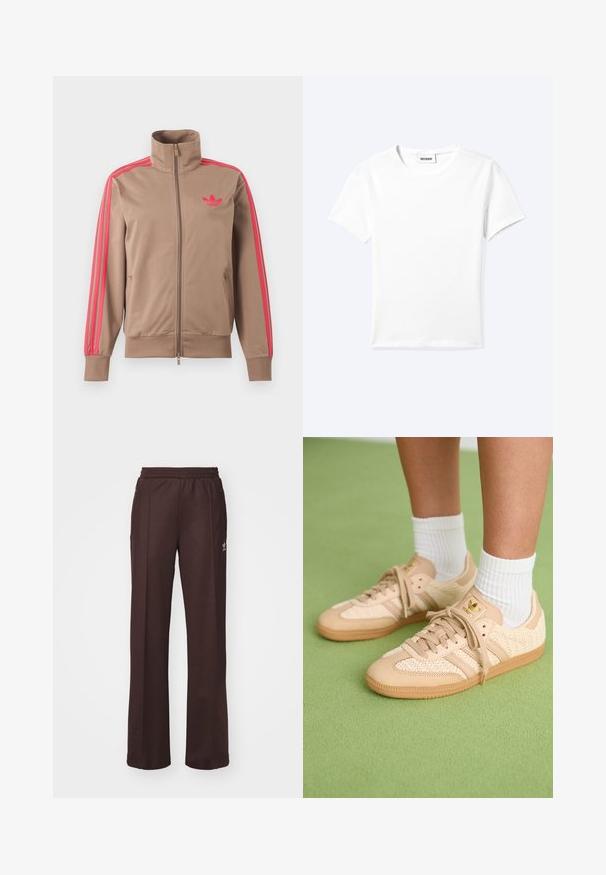 Lysebrun trackjakke med lynlås og høj krave, lyserøde striber ned ad ærmerne og lyserødt Adidas-logo på venstre bryst.; Ensfarvet hvid t-shirt med korte ærmer og rund halsudskæring med en lille "WEEKDAY" label indeni halskanten, vist fladt på en lys baggrund.; Brune træningsbukser med elastisk talje, to sidelommer og et lille logo på venstre side, lavet af et blødt stof.; Fødder iført beige vævede Adidas sneakers med gummisåler og hvide ankelsokker på en grøn struktureret gulv.