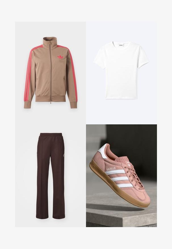 Lysebrun trackjakke med lynlås og høj krave, lyserøde striber ned ad ærmerne og lyserødt Adidas-logo på venstre bryst.; Ensfarvet hvid t-shirt med korte ærmer og rund halsudskæring med en lille "WEEKDAY" label indeni halskanten, vist fladt på en lys baggrund.; Brune træningsbukser med elastisk talje, to sidelommer og et lille logo på venstre side, lavet af et blødt stof.; Rosa ruskinds sneaker med hvide striber, gummisål, tekstureret overdel og logo på tungen. Klassisk low-top design.