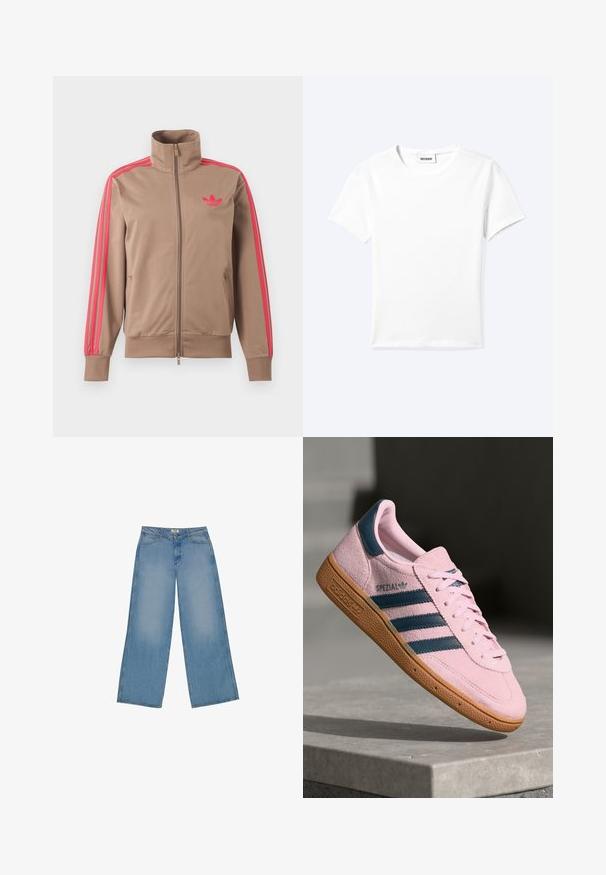 Vaaleanruskea vetoketjullinen urheilutakki, jossa korkea kaulus, vaaleanpunaiset raidat hihoissa ja vaaleanpunainen Adidas-logo vasemmassa rinnassa.; Yksinkertainen valkoinen lyhythihainen pyöreäkauluksinen t-paita, jossa pieni "WEEKDAY" -etiketti kaula-aukon sisäpuolella, esitettynä tasaisesti vaalealla taustalla.; Vaaleansiniset leveälahkeiset farkut, joissa on korkea vyötärö, suora leikkaus ja erottuvat tikkaukset. Ei koristeluja tai kulutuksia.; Vaaleanpunainen mokkanahkainen lenkkarit tummansinisin kolmella raidalla, kumipohjalla ja vaaleanpunaisilla nauhoilla. Sivussa on "SPEZIAL"-brändäys.