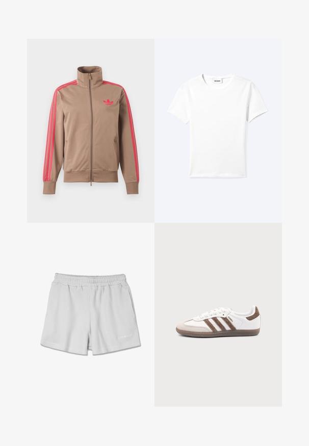Lichtbruine trackjas met rits en hoge kraag, roze strepen op de mouwen en roze Adidas-logo op de linkerborst.; Effen wit T-shirt met korte mouwen en ronde hals met een klein "WEEKDAY" label aan de binnenkant van de hals, plat neergelegd op een lichte achtergrond.; Lichtgrijze geribbelde shorts met een elastische tailleband, voorzien van twee zijzakken en een klein wit logo rechtsonder.; Witte Adidas Samba sneaker met bruine suède strepen, bruine rubberen zool en beige suède neuskap, getoond vanaf de buitenkant op een effen achtergrond.