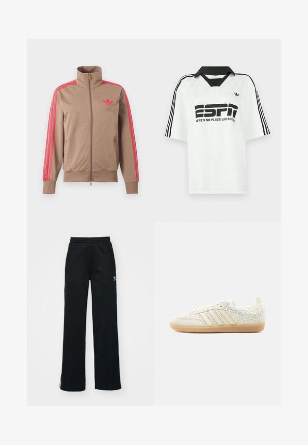 Chaqueta deportiva marrón claro con cremallera y cuello alto, rayas rosas por las mangas y logo rosa de Adidas en el pecho izquierdo.; Camiseta blanca de manga corta con cuello negro, tres rayas negras en las mangas y texto negro en negrita que dice "ESPN" y "NO HAY LUGAR COMO LOS SPOTS."; Pantalones deportivos negros con corte relajado, cintura con cordón, bolsillos laterales con cremallera y sutil marca blanca en la pierna izquierda.; Zapatilla blanca de caña baja con tejido texturizado trenzado, franjas de cuero beige y suela de goma color caramelo, mostrada desde el lado exterior sobre un fondo liso.